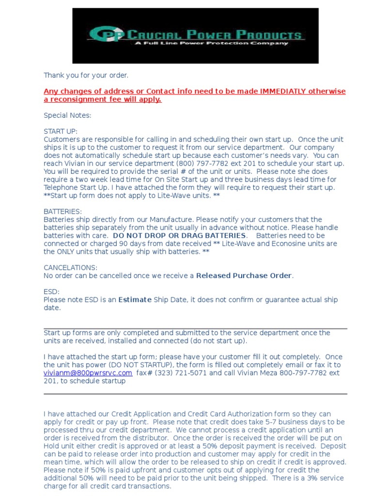 CPP Letter Order Confirmation Special Instructions Credit Card