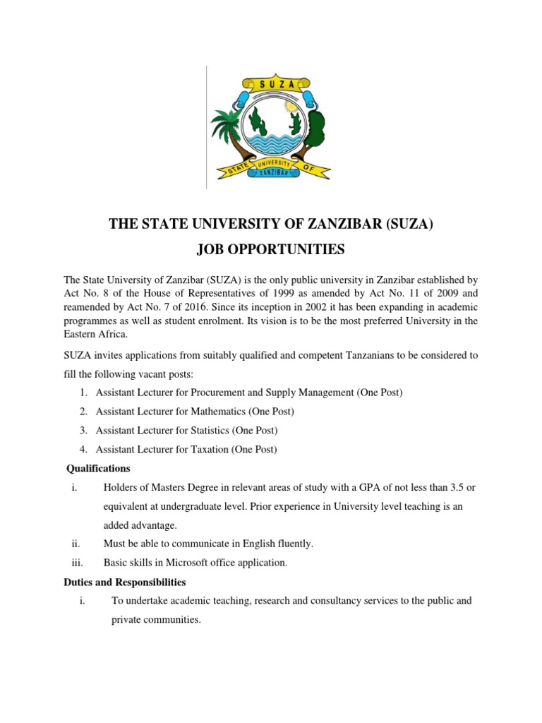 New Vacancies at State University of Zanzibar (SUZA) | Lecturer
