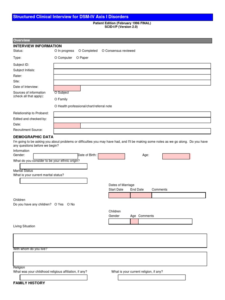 Structured Clinical Interview For DSM-IV Axis I Disorders | PDF