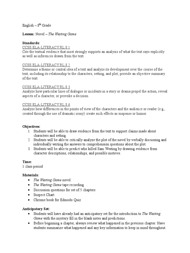 The westing game pdf reading comprehension communication