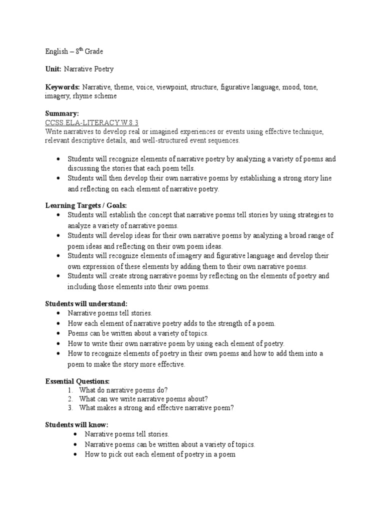 8th Grade Narrative Poetry Unit Guide | PDF | Poetry | Narrative