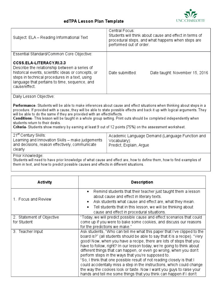 Edtpa Lesson Plan Template Ccss ElaLiteracy Ri.3.3 PDF Lesson Plan Causality