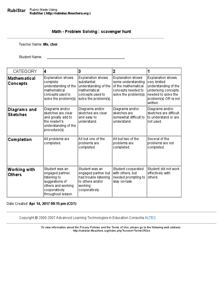 Your Rubric Math Problem Solving Scavenger Hunt Education Theory