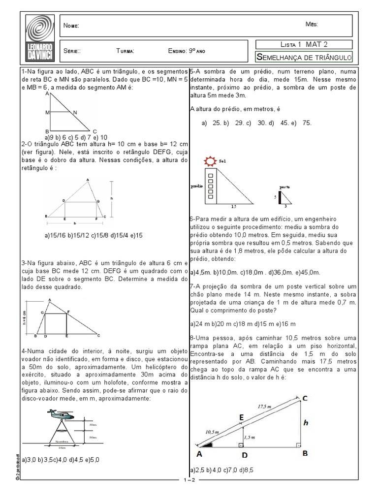 Semelhança De Triangulos Exercicios 9 Ano Com Resposta