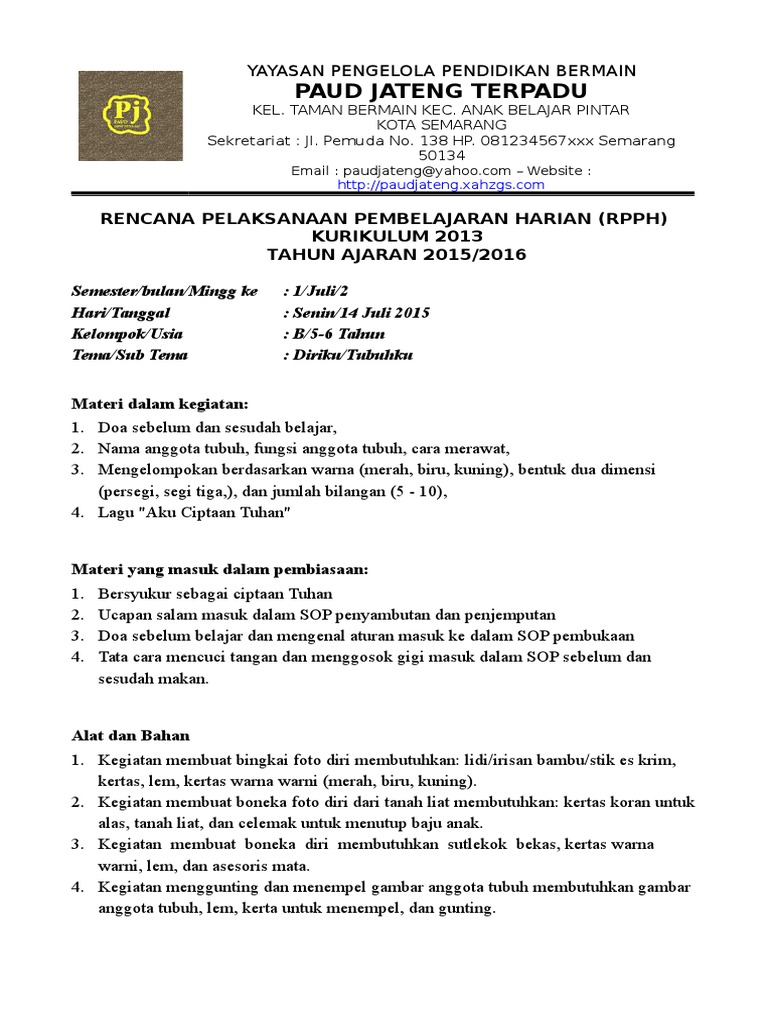 1 RPPH Paud Tema Diri Sendiri Kurikulum 2013 PDF