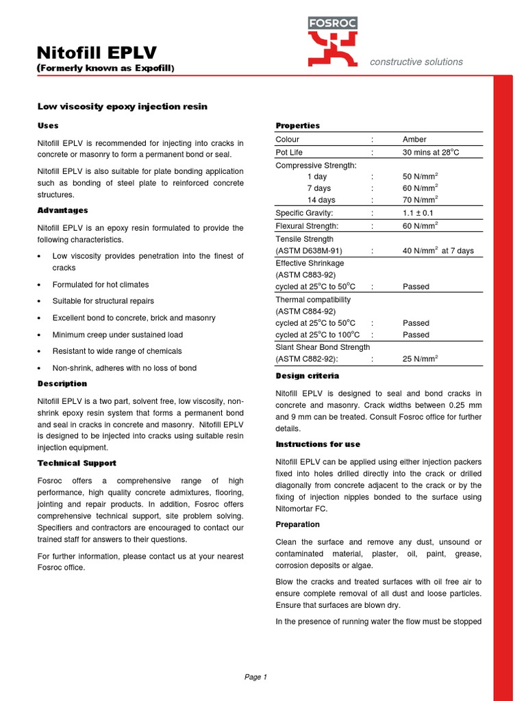 Low Viscosity Epoxy Injection Resin for Crack Repair and Structural