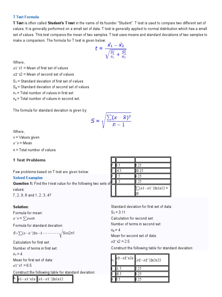T Test Formula Student's T Test Standard Deviation