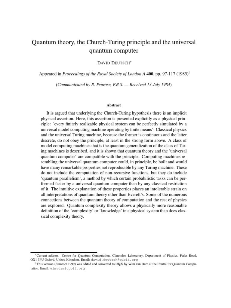 Quantum Theory, The Church-Turing Principle and The Universal Quantum ...
