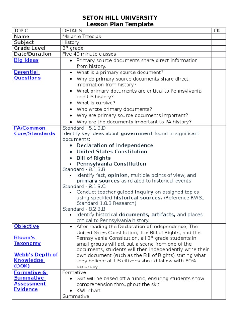 Seton Hill University Lesson Plan Template: Name Subject Grade Level ...