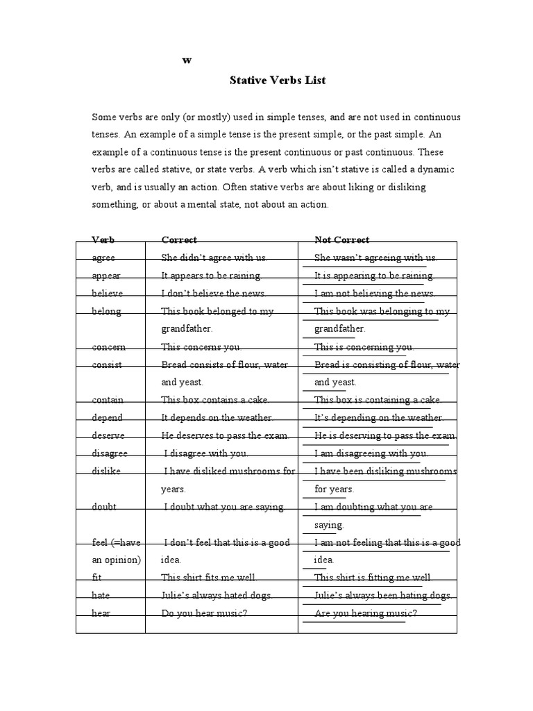 W Stative Verbs List: Verb Correct Ot Correct | PDF | Self-Improvement