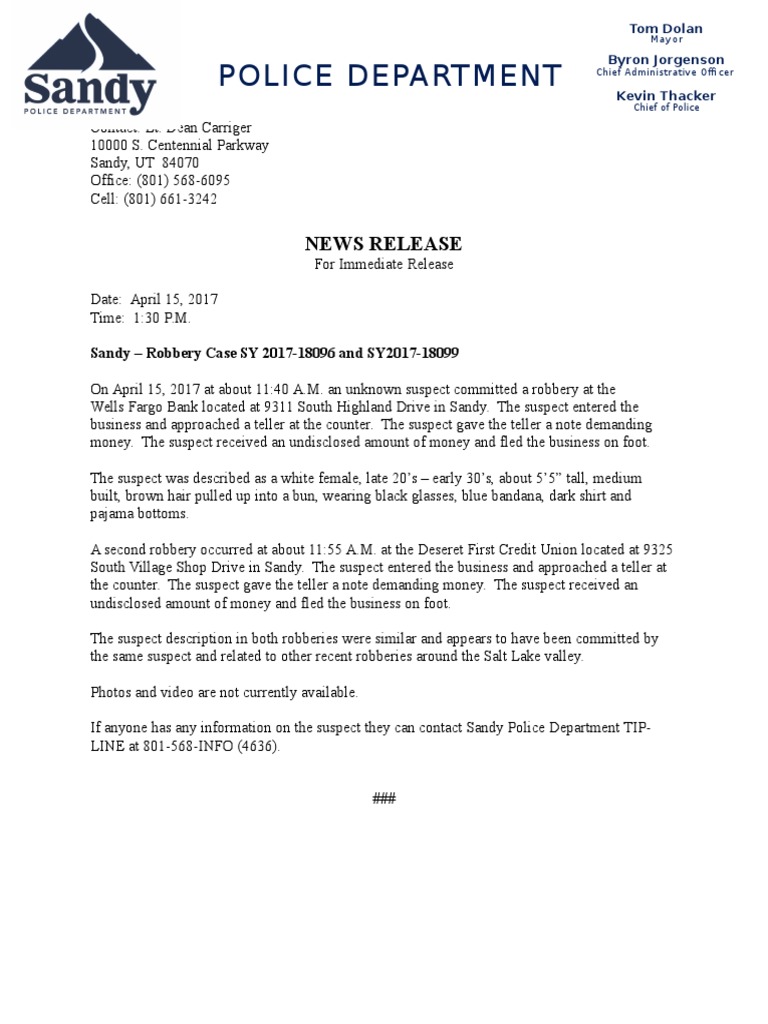 Sandy Bank Robberies April 2017 Report | PDF