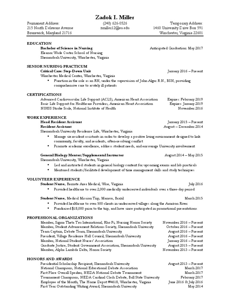 Zadok Miller Vcu Resume PDF Nursing Health Care
