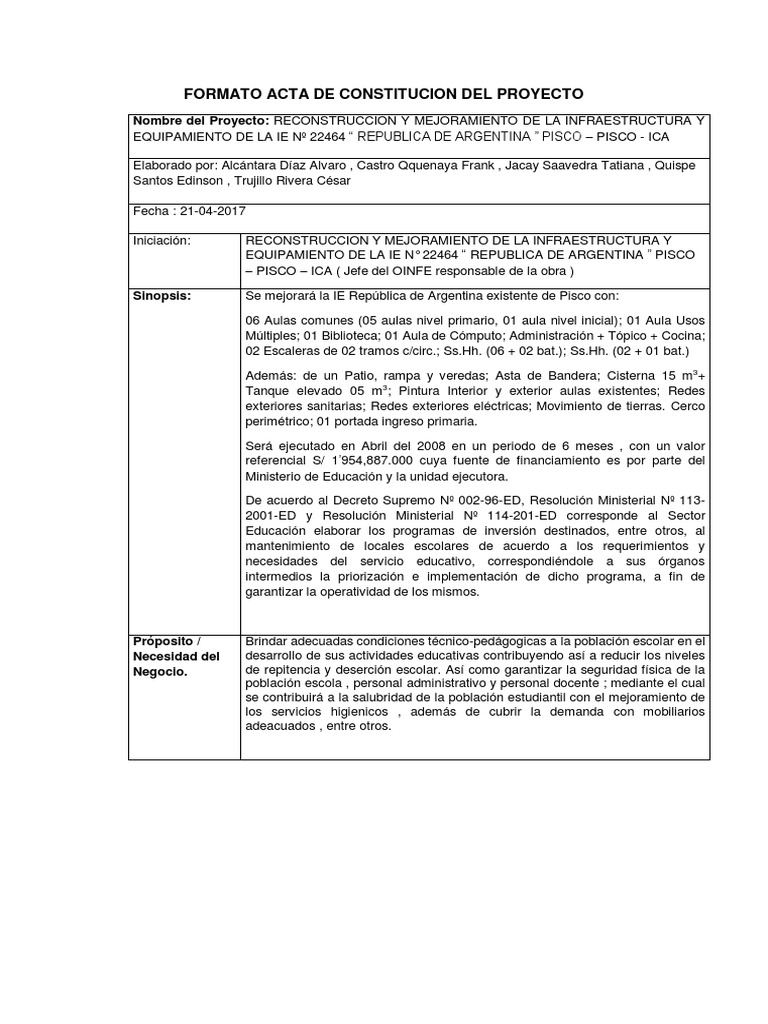 Formato Acta de Constitucion Del Proyecto 1 | PDF | Educación avanzada