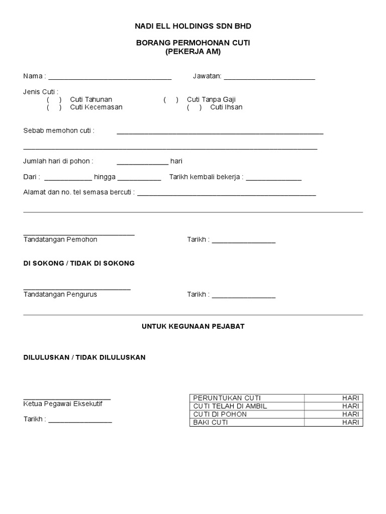 Borang Cuti Pekerja Am Edit Pdf