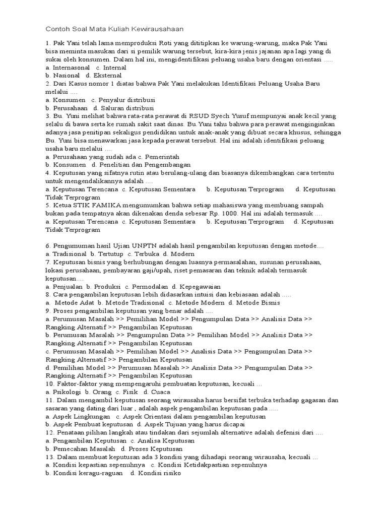 Contoh Soal Mata Kuliah Kewirausahaan Contoh Soal Mata Kuliah Kewirausahaan