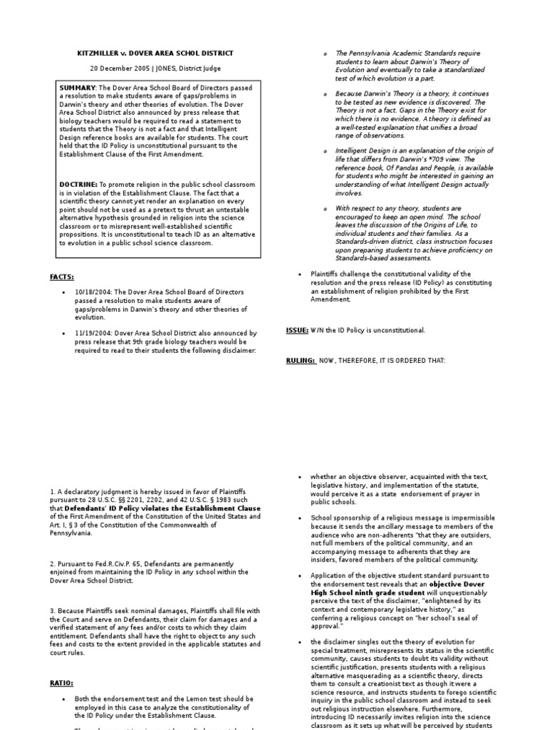 KITZMILLER v. DOVER AREA SCHOL DISTRICT Intelligent Design Science
