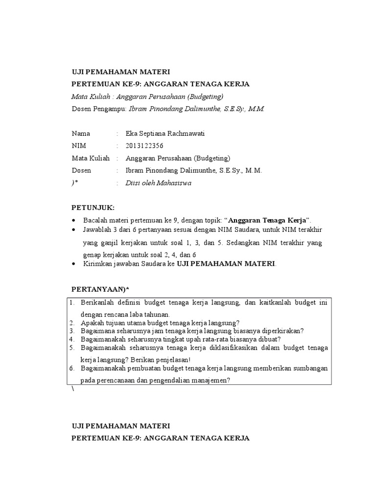 2 Soal Uji Pemahaman Materi Anggaran Tenaga Kerja