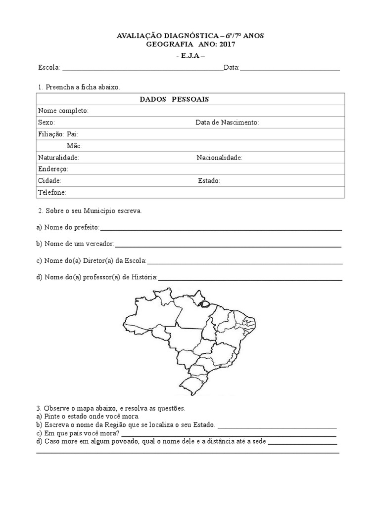 Atividade Diagnóstica EJA GEOGRAFIA | PDF