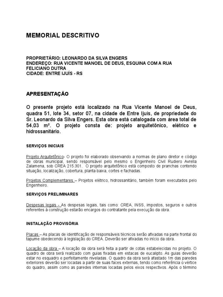 Memorial Descritivo Construção Residencia Unifamiliar | PDF | Argamassa ...