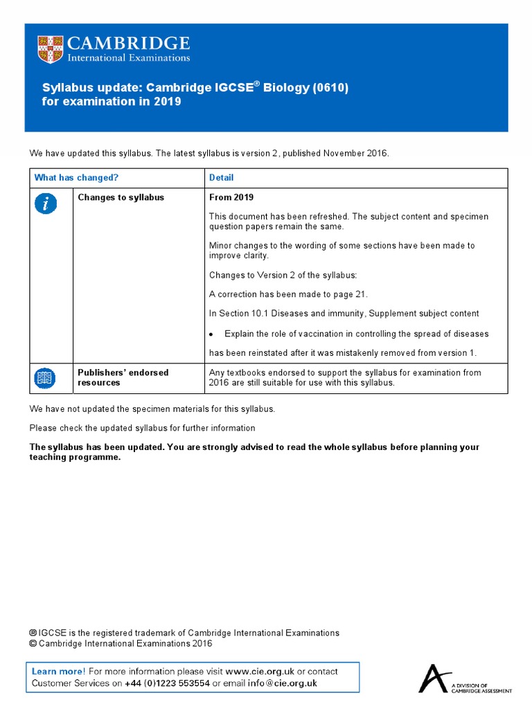 CIE IGCSE Biology 2019 Syllabus Update (344213) Syllabus Curriculum