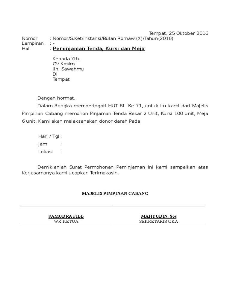 Contoh Surat Pinjaman Tenda - Hal Permohonan izin peminjaman sarana dan prasarana Sekolah Yth.