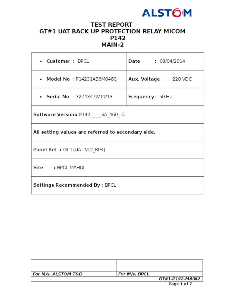 Test Report Gt1 Uat Back Up Protection Relay P142 MAIN2