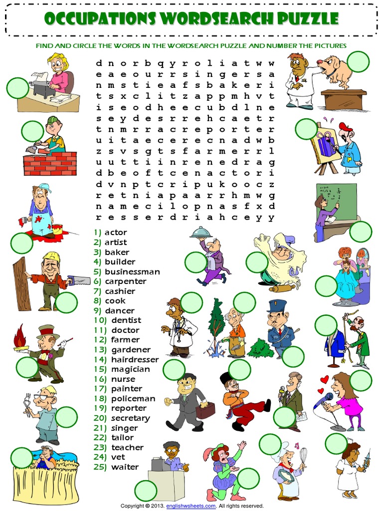 Jobs Occupations Professions Wordsearch Puzzle Vocabulary Worksheet pdf