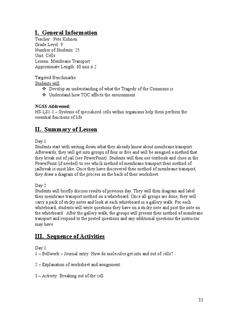 Membrane Transport Lesson Plan for 9th Grade | PDF | Cell Membrane ...