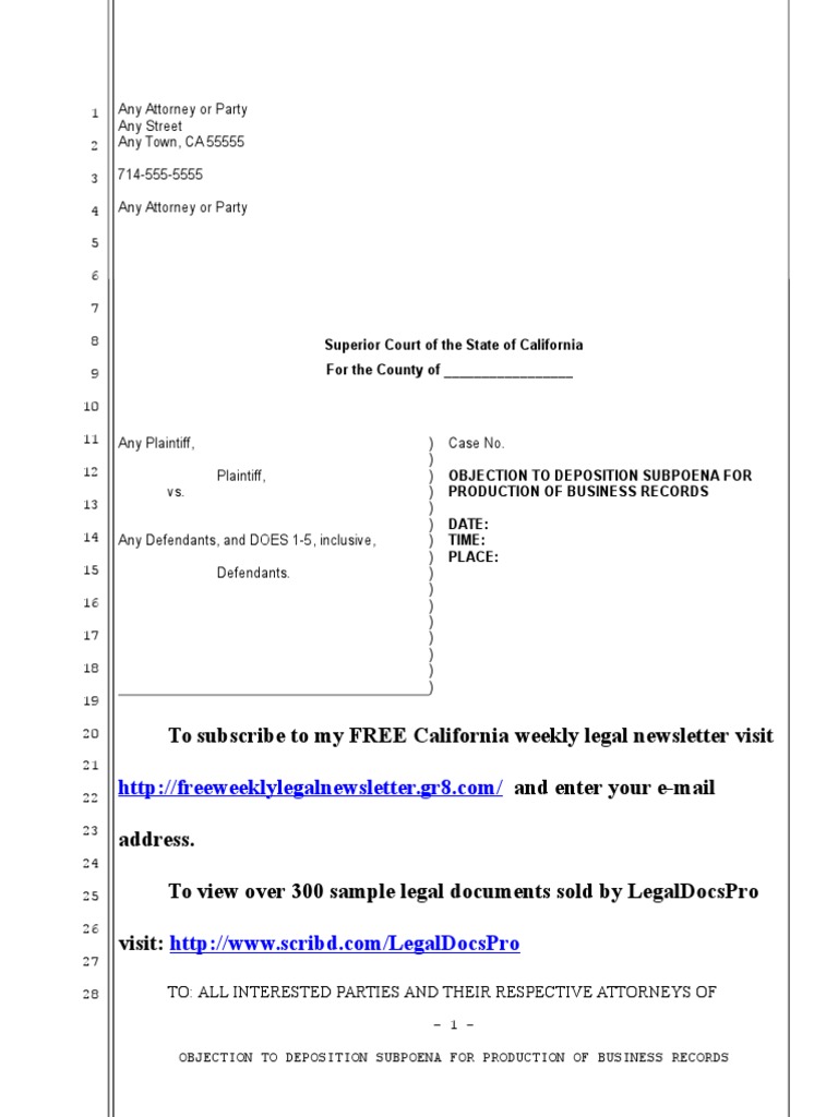 Sample Objection To Deposition Subpoena For California | PDF 