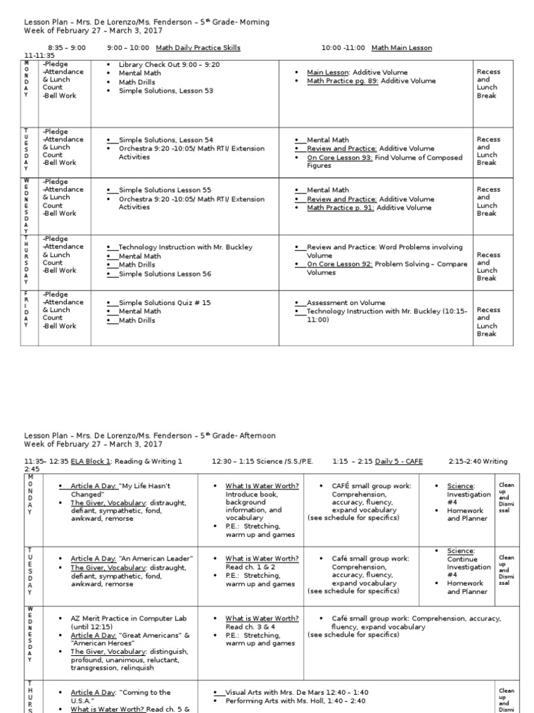 Lesson Plan - Mrs. de Lorenzo/Ms. Fenderson - 5 Grade-Morning Week of ...