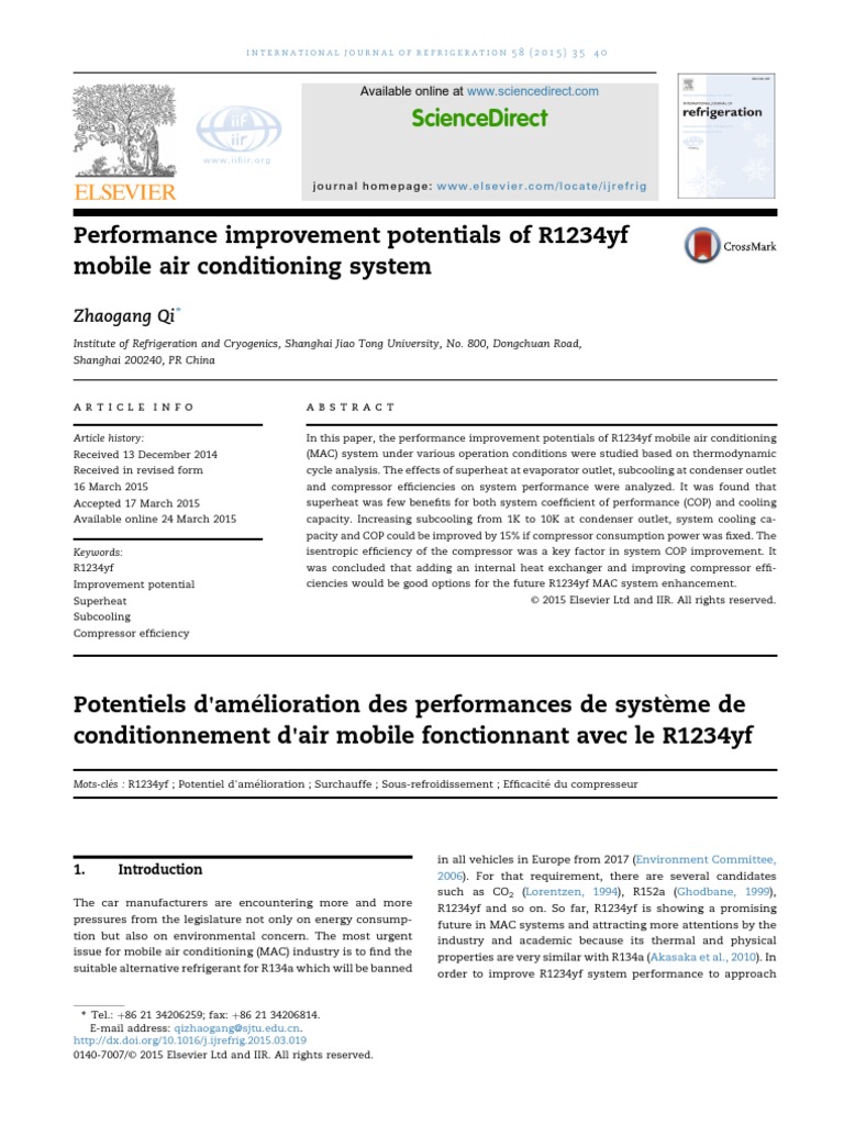 Performance Improvement Potentials of R1234yf Mobile Gas  Performance Improvement Potentials of R1234yf Mobile Gas