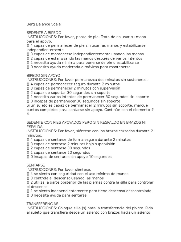 Berg Balance Scale PDF Pie Deportes