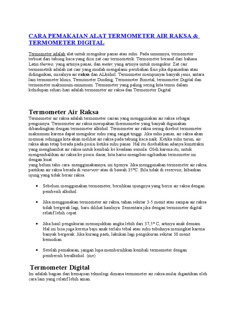 Cara Pemakaian Alat Termometer Air Raksa | PDF