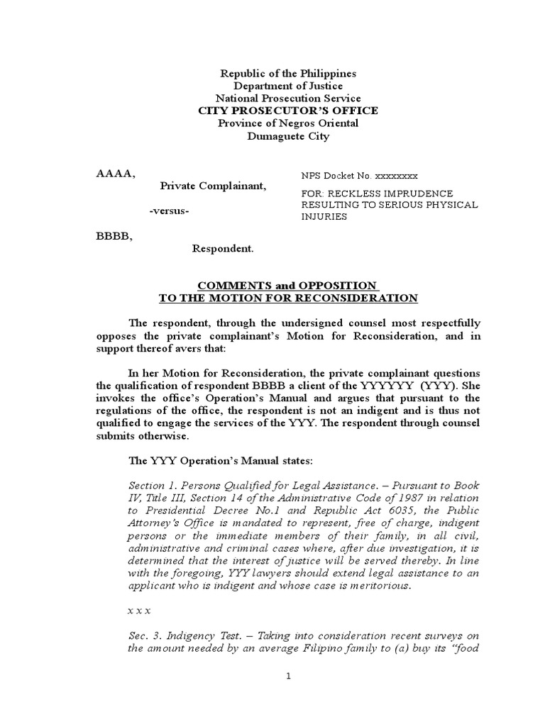 Comments To Motion For Reconsideration PDF Contributory Negligence