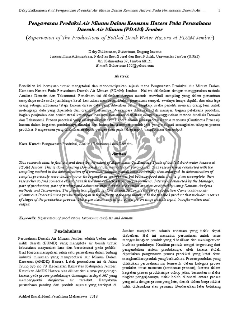 Pengawasan Produksi AMDK Hazora Jember | PDF
