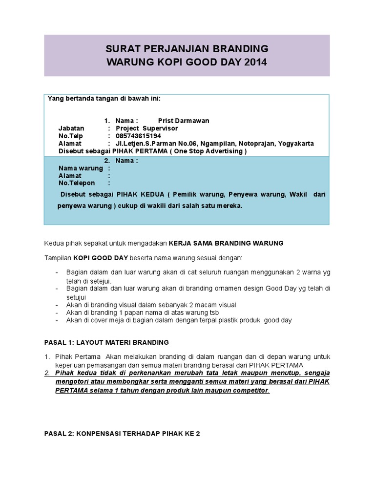 Contoh Surat Perjanjian Branding PDF