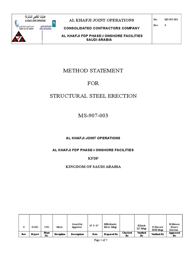 Structural Steel Erection Method Statement | PDF | Screw | Mechanical ...