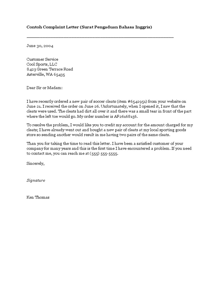 Contoh Plaint Letter Surat Pengaduan Bahasa Inggris