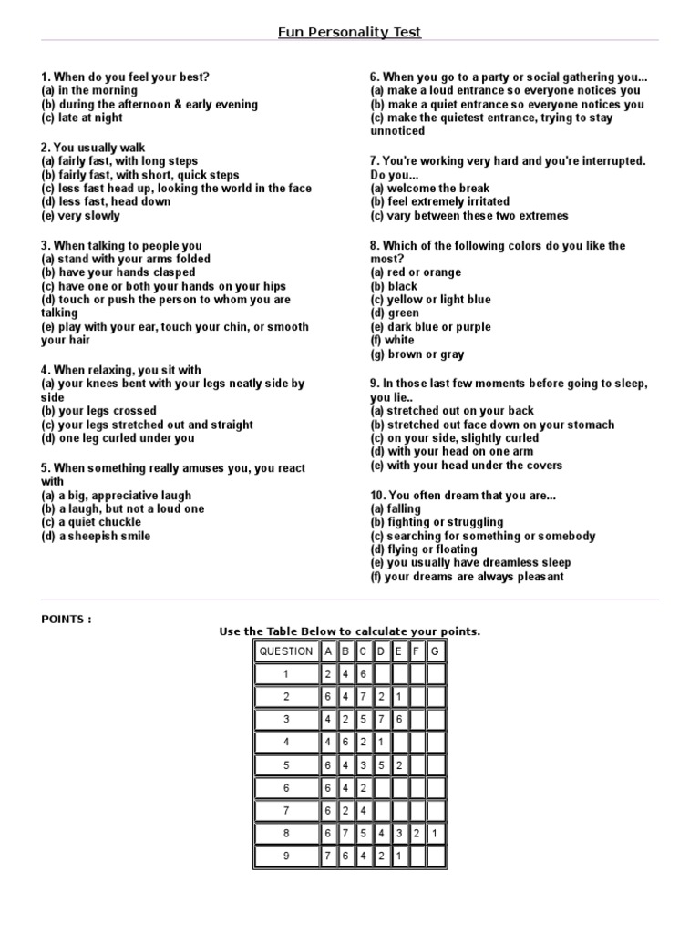 Fun Personality Test | PDF | Leisure