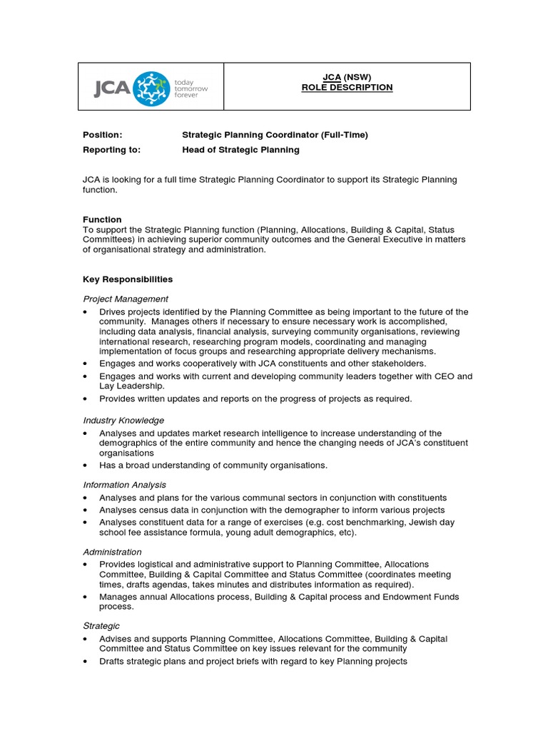 Strategic Planning Coordinator Job Description PDF Strategic