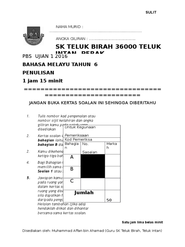 Soalan Jsu Ujian 1 Bm Penulisan Upsr 2016 (Affan)
