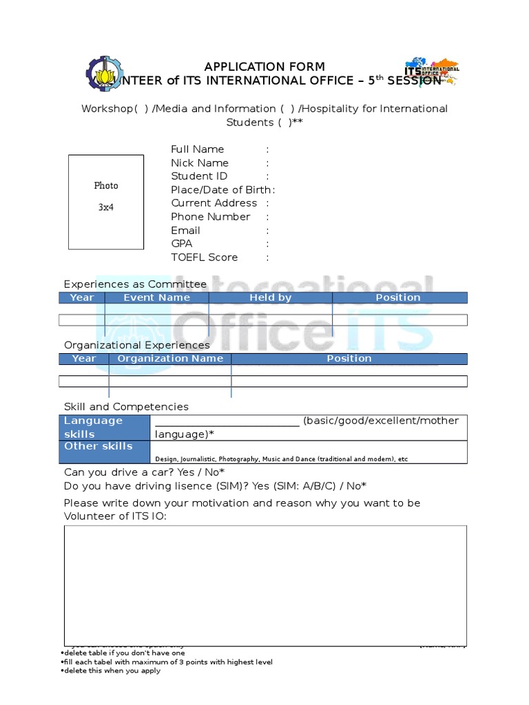 Application Form Volunteer of Its International Office - 5 Session | PDF