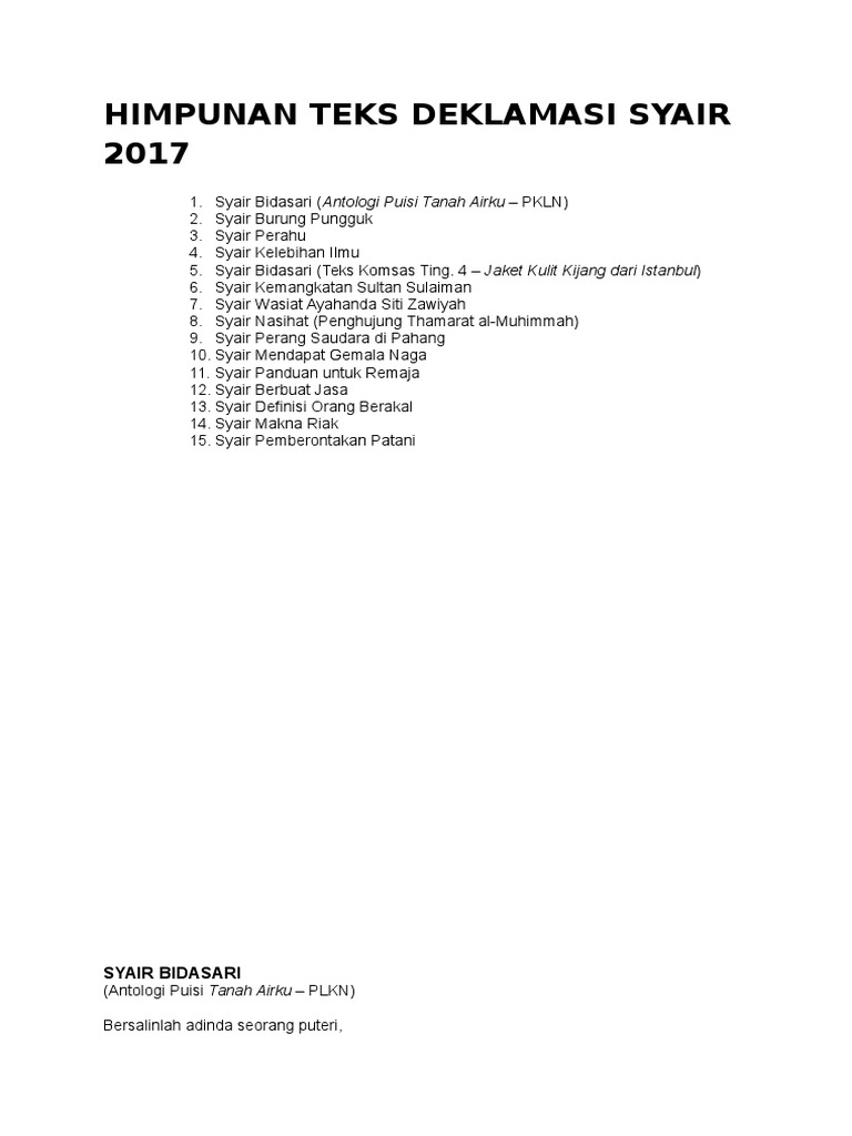 Himpunan Teks Syair Deklamasi 2017 | PDF | Puisi