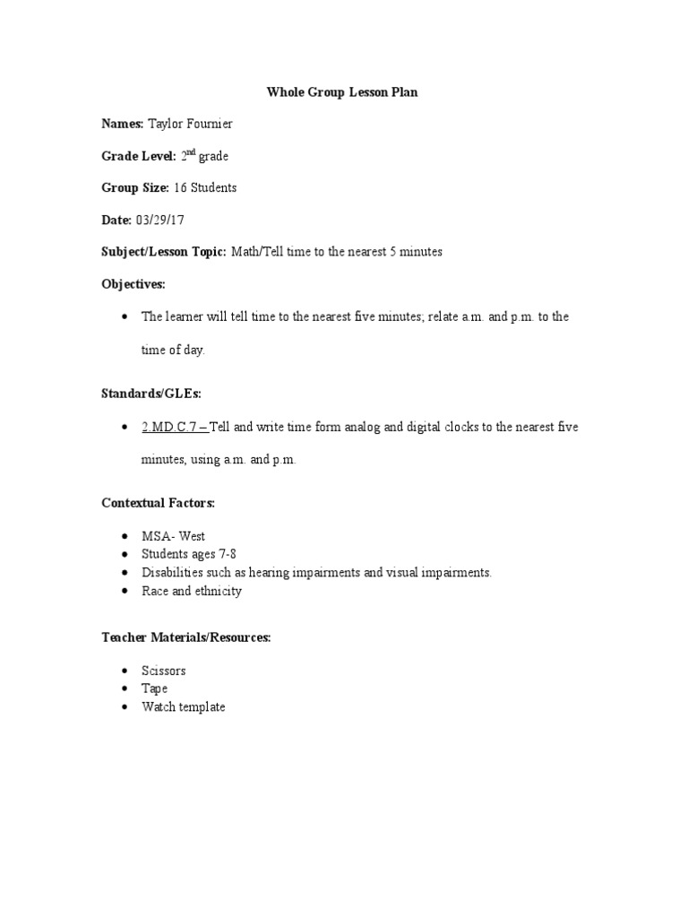 2nd Grade Lesson Plan: Telling Time | PDF | Lesson Plan | Sharing