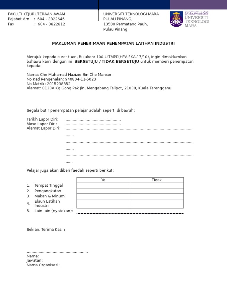 Surat Penerimaan Penempatan Latihan Industri Pdf