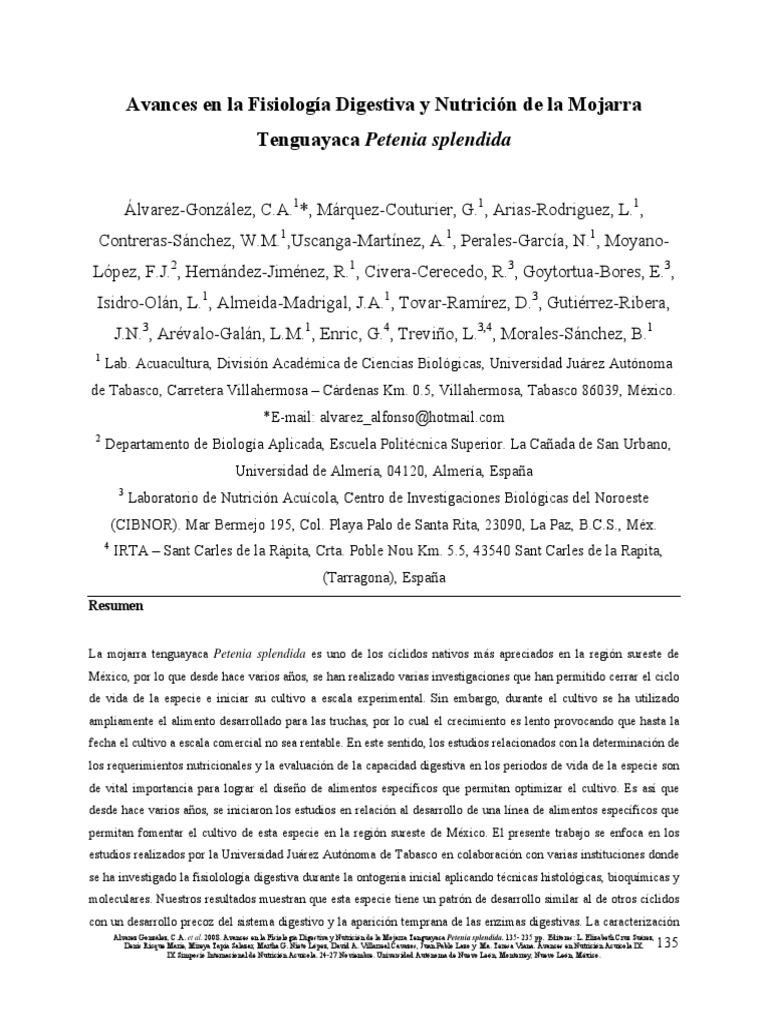 Avances En La Fisiologia Digetiva Y Nutricion De La Mojarra Tenguayaca 