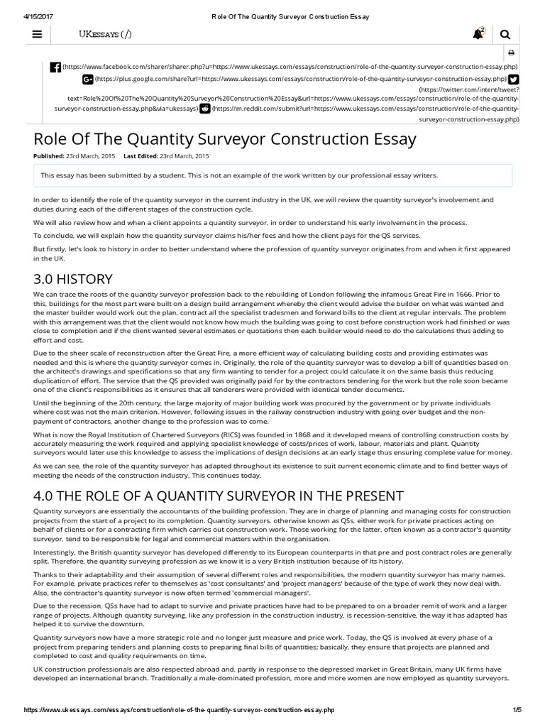 Role of the Quantity Surveyor Construction Essay General Contractor Architect