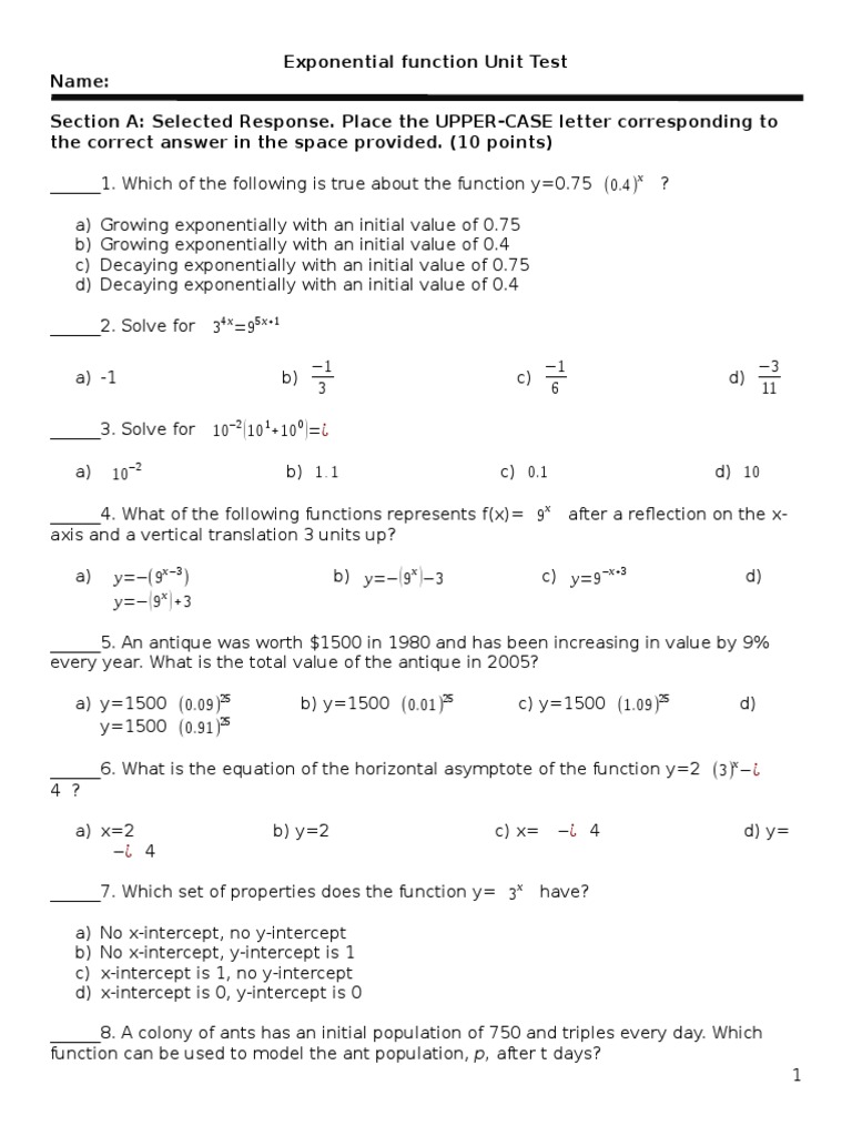 Exponential Function Test | PDF | Exponential Function | Function