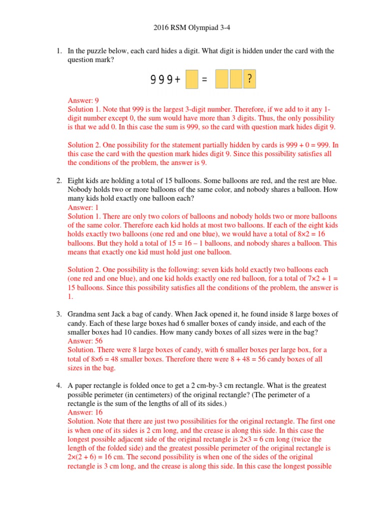 2016 RSM Olympiad Grade 3-4 Solutions | PDF | Triangle | Rectangle