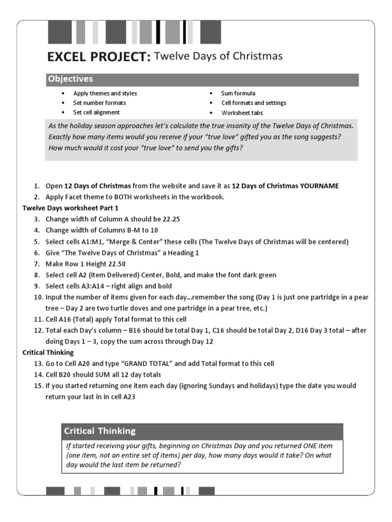 Twelve Days of Christmas Excel Project | PDF | December Observances ...